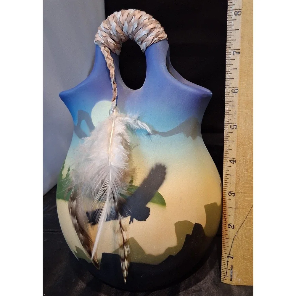 Southwestern Eagle Wedding Vase Ceramic Hand Painted Feather Accent Pottery 7.5